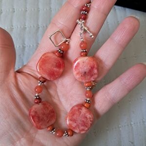 7.5" Handmade Papaya Dyed Jade Sterling Silver Coral Bracelet